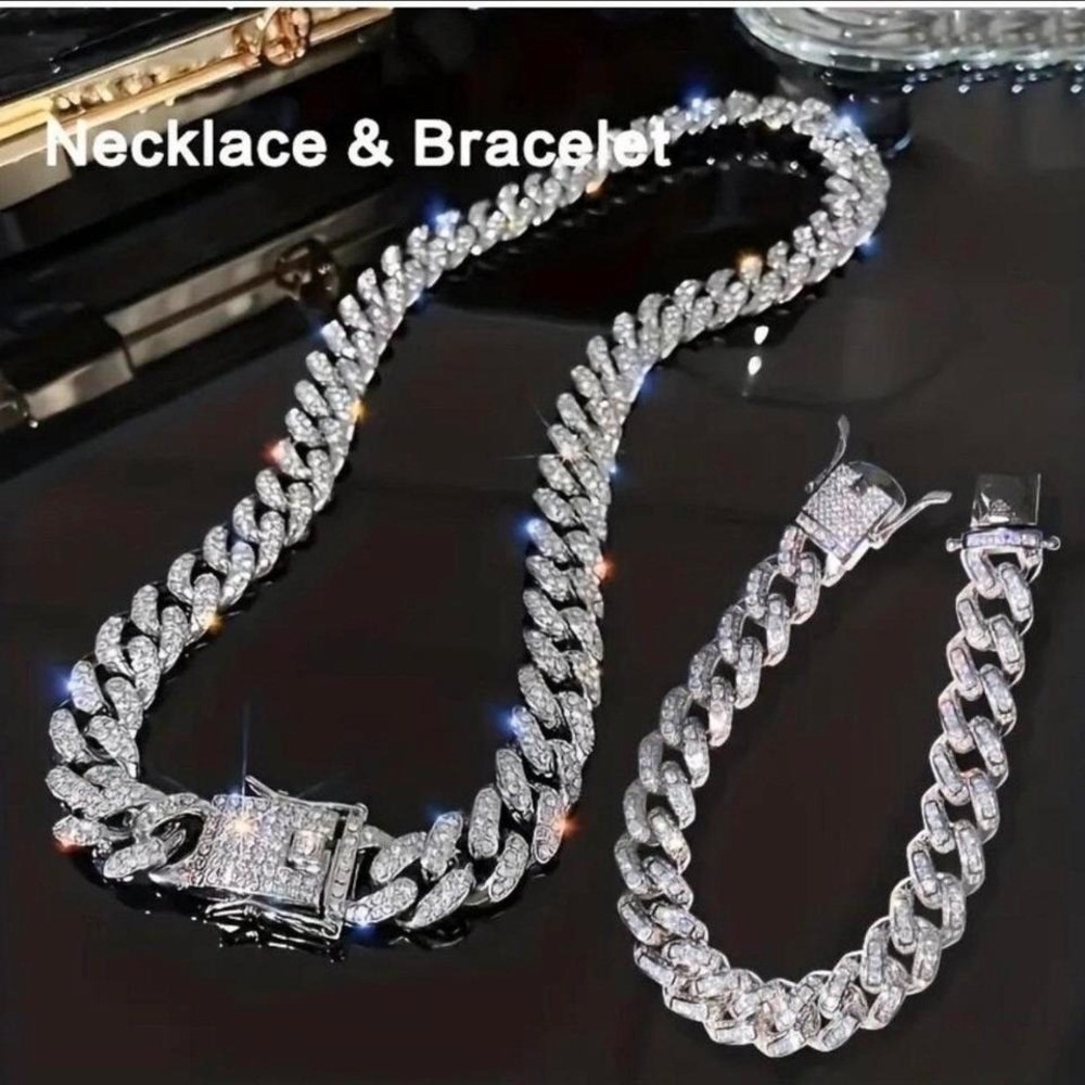 Silver Cuban Link Chain Necklace and Bracelet Set BLING